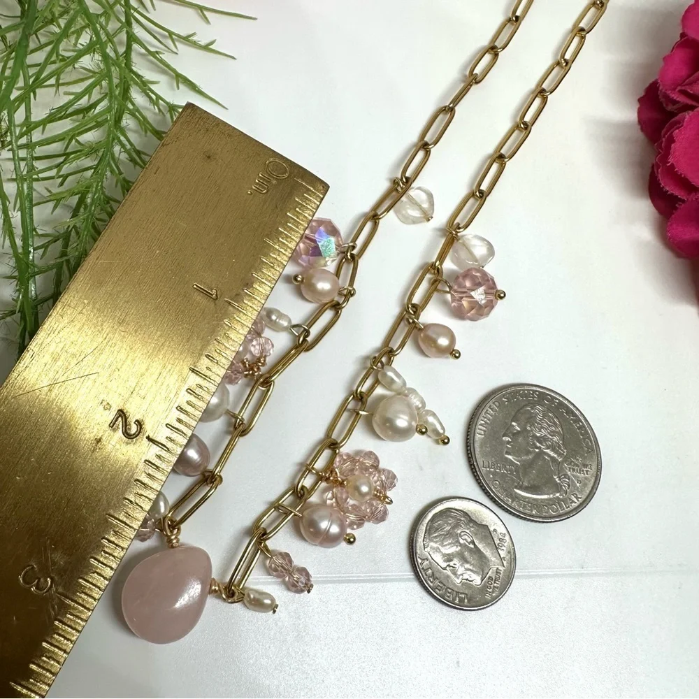 NEW⚜️Rose Quartz Freshwater Pearl & Crystal Flower Charm Necklace